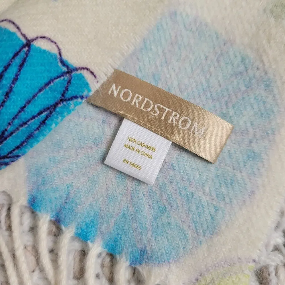 Nordstrom 100% Cashmere Wool Scarf Floral White and Blue Fringed Y2K